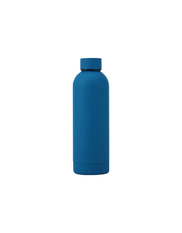 Matte stainless steel water bottle 500ml– in blue, reusable eco-friendly design.